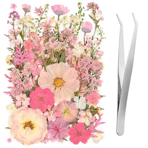 50 Pcs Pink Pressed Dried Flowers & Leaves with Tweezers for Resin Crafts & DIY
