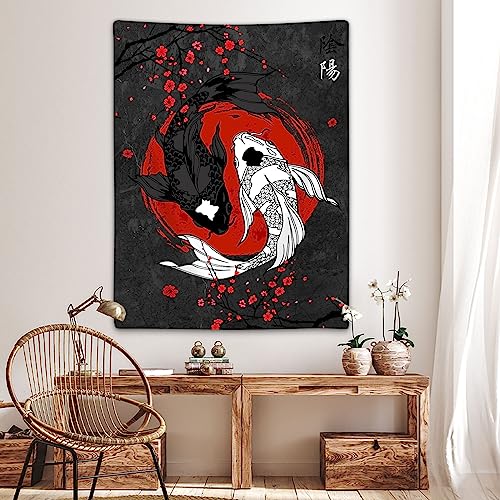 Japanese Yin Yang Koi Fish Tapestry - Anime Sakura Wall Hanging (40x60 In)