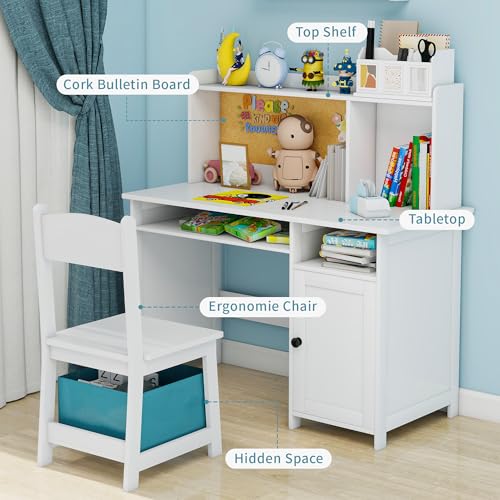 Kids Desk and Chair Set with Storage, Cork Board & Drawer - White Wooden
