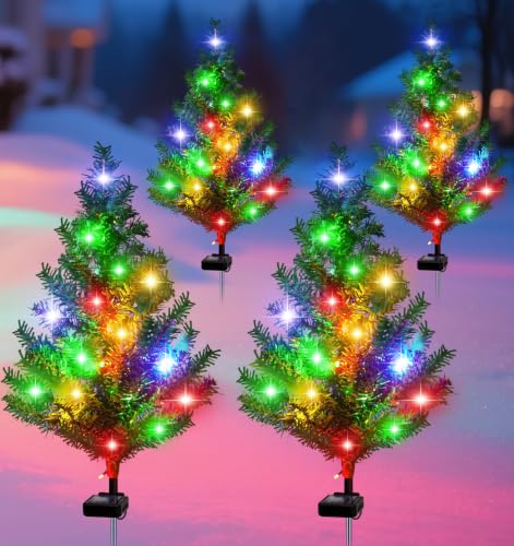 Ostritec Christmas Tree 4 Pack Outdoor Solar Garden Stake Lights Multi-Color LED