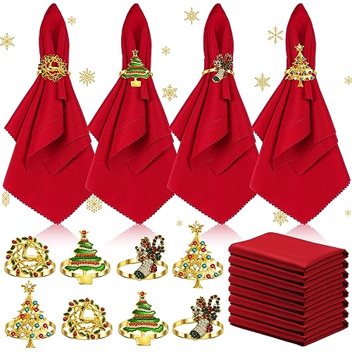 EBOOT 16 PCS Christmas Cloth Napkin & Ring Set with Xmas Tree Elk Stocking