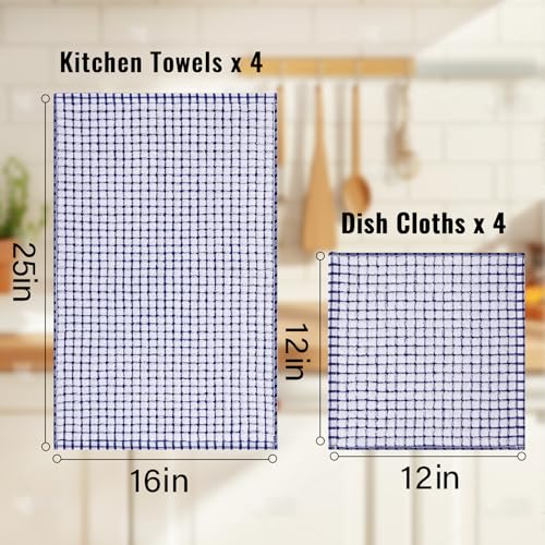 8-Piece Cotton Kitchen Towels and Dishcloths Set, Absorbent Plaid Design
