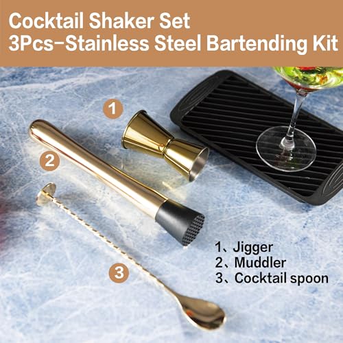 3-Piece Gold Bartender Set with Muddler, Cocktail Spoon & Jigger - Professional Bar Tools