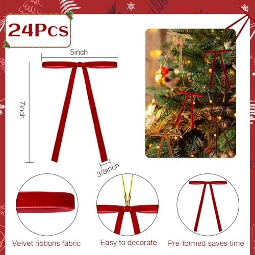 NONSTOP Burgundy Velvet Ribbon Bows for Christmas Tree - 24 PCS 5x7 Inch Holiday Decorations