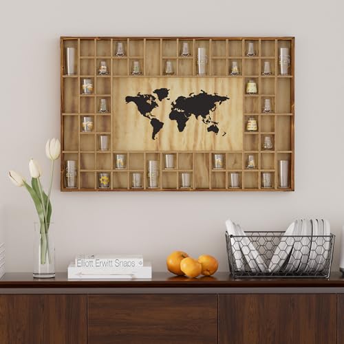 Rustic World Map Shot Glass Display Case - 68-Capacity Wood Wall Shelf