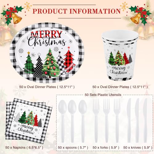 Ziliny Christmas Tree Paper Dinnerware Set with Napkins & Cups, 300 pcs Xmas Party Supplies