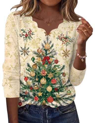 AKEWEI Women's Christmas Long Sleeve Graphic Shirt - Apricot Tree, X-Large Holiday Top