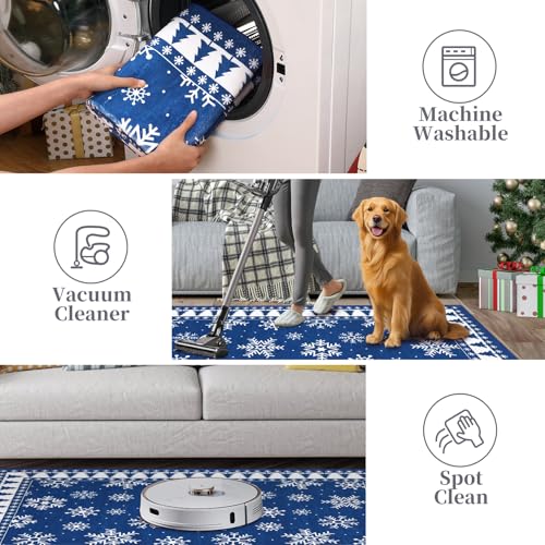 ROYHOME Blue Christmas Runner Rug 2' x 8' Bordered Holiday Hallway Carpet