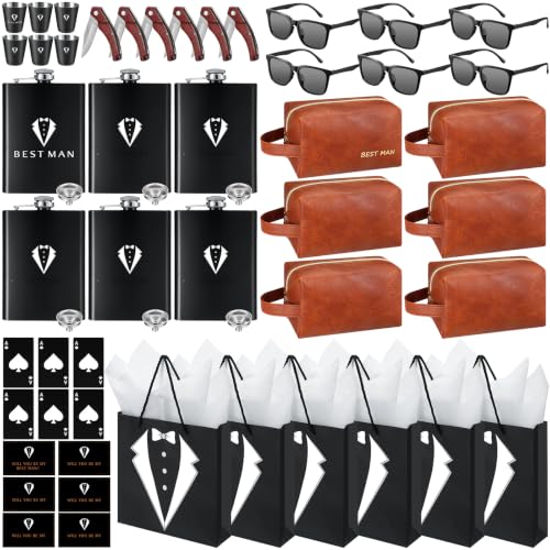 Rigibright Brown Groomsmen Gift Set of 6 Wedding Accessories with Flasks & More