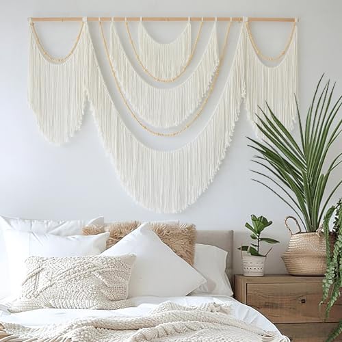 White Macrame Wall Hanging Boho Yarn Art with Beads - 57 x 35 Inches