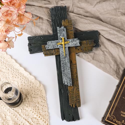 13-Inch Rustic Resin Wall Cross - Farmhouse Christian Home Decor