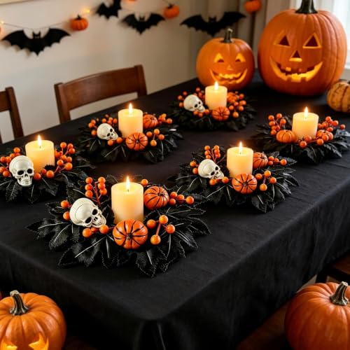 4 PCS Halloween Candle Rings with Skulls, Pumpkins, and Black Maple Leaves