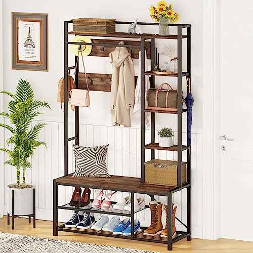 Rustic Hall Tree with Shoe Storage Bench and Coat Hooks, 5-Tier Shelves