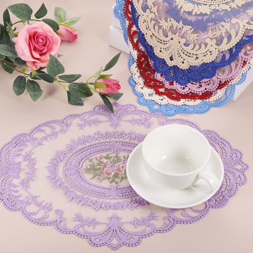 uxcell 6 Pack Retro Lace Oval Placemats 12x16 Inch Beige French Embroidered Table Mats