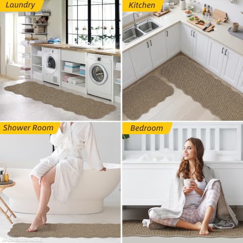 Scalloped Kitchen Rugs and Mats Set, 2-Piece Non-Slip Washable Taupe Rug