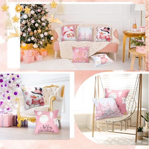 Pink Christmas Decorations Pillow Covers 18x18 Set of 6 Pink Santa Snowman Snowflake Merry Christmas Tree Let It Snow Reindeer Holiday Pillow Decorative Throw Cushion Case for Sofa