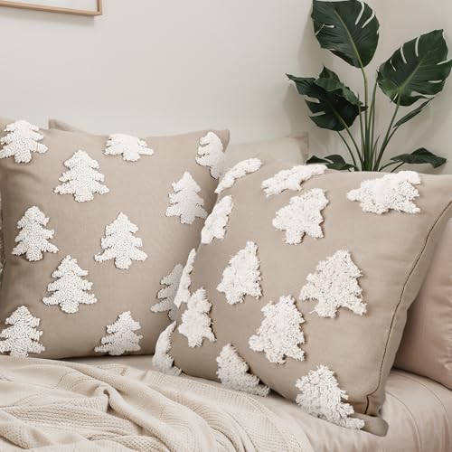 Mixweer Beige Christmas Pillow Covers 18x18 Inches Tree Embroidery Holiday Decor - Tree / Beige