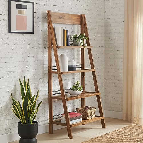 4-Tier Ladder Bookshelf, Rustic Wood Standing Bookcase with X-Back Frame