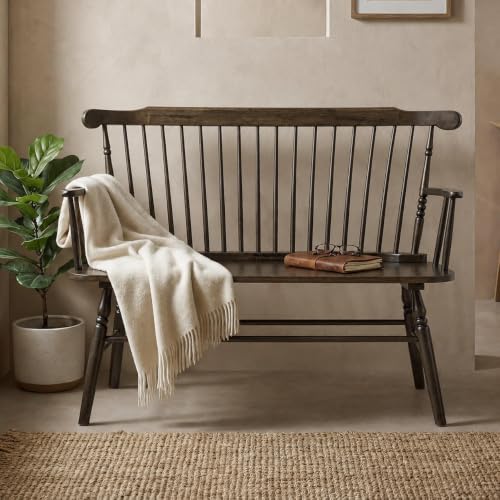 Rustic Solid Wood Farmhouse Dining Bench with Spindle Back and Armrest