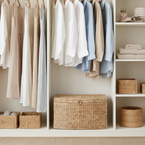SOL HOME Water Hyacinth Woven Wicker Storage Trunk with Handles - Natural Brown, 26x19x14 in