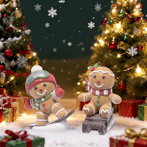 Hodao Christmas Gingerbread Ski & Sled Figurines Set - Indoor Holiday Decor, 2 Pieces