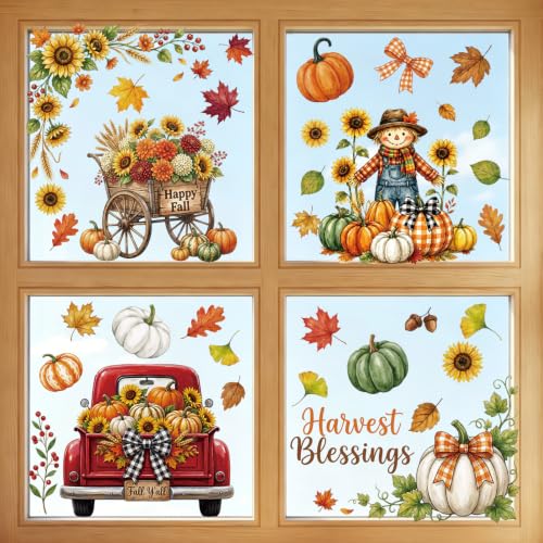 Fall Window Clings - 9 Sheets Pumpkin & Leaf Decals for Home Decor