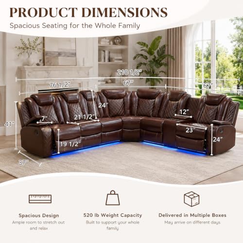 Daydo Sempli Red Power Reclining Sectional Sofa with LED Lights & Cup Holders