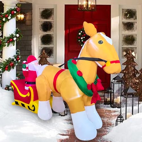 7FT Christmas Inflatable Santa on Sleigh with Horse - LED Yard Decor, Indoor Outdoor Holiday Decoration, JOYEASE A-7FT Horse Pulls Santa's Sleigh