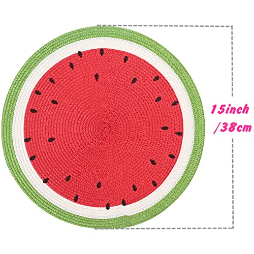 Zupro Round Watermelon Placemats Set of 4 - 15 inch Braided Indoor/Outdoor
