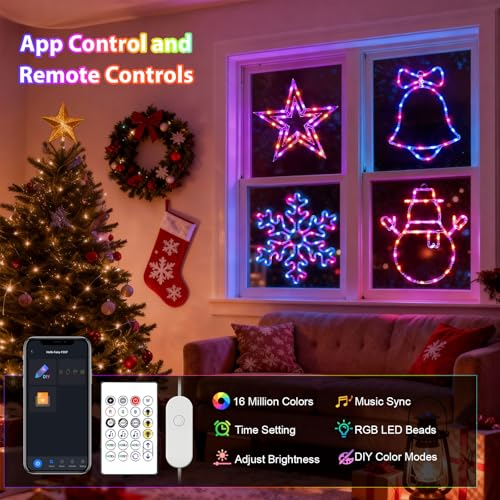 MOZUGUTAO 4 Pack Smart RGB Christmas Window Lights with App & Remote, Music Sync & Timer — Indoor & Outdoor Holiday Decor