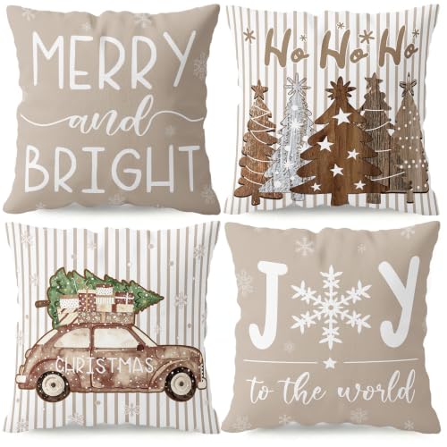 Neutral Farmhouse Christmas Pillow Covers Set of 4 18x18 Inches Double-Sided Linen Blend Decor