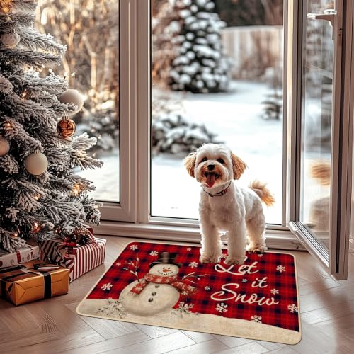 Snowman Doormat Buffalo Plaid 17x29 in - Red Snowman Winter Door Mat by Baccessor