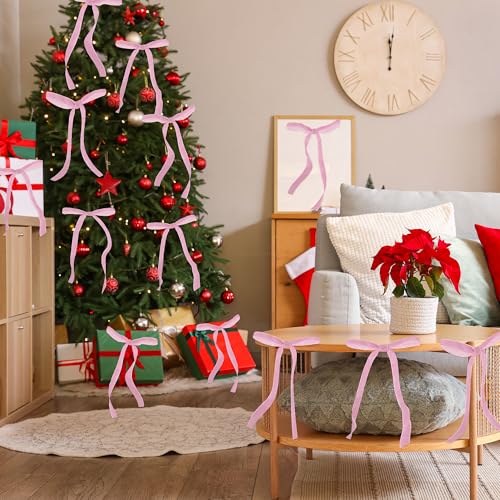 Pink Velvet 24-Pack Christmas Bow Ornaments for Wreaths & Gift Wrapping - 7x5 in