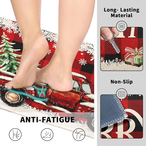 Merry Christmas Kitchen Rugs Set of 2 17x30 & 17x47 in Red Truck Snowflake Buffalo Plaid