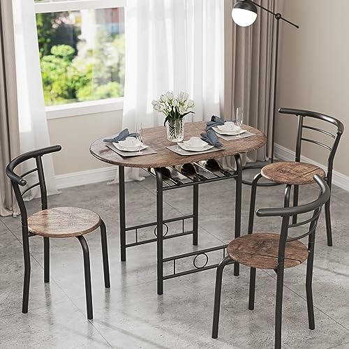 3-Piece Round Kitchen Dining Table Set with Built-in Wine Rack