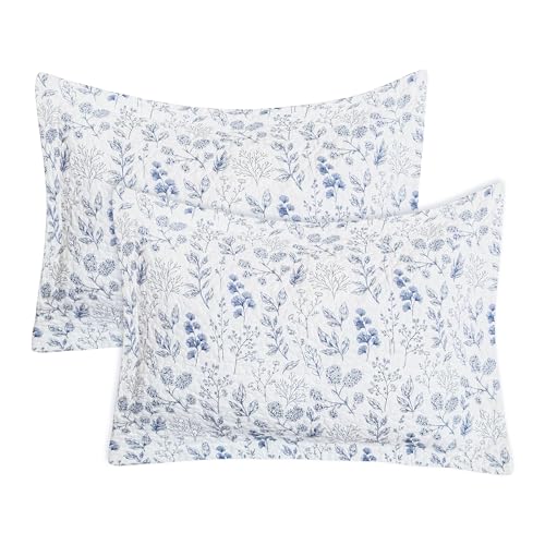 Floral King Pillow Shams Set of 2, 20x36 Blue and White Quilted Cotton