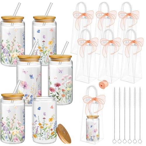 Mumufy 6-Piece Wildflower Glass Cups Set with Lids & Straws - 16 oz