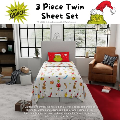 Grinch Twin Sheet Set - Franco The Grinch Officially Licensed 3-Piece Microfiber Bedding (Grinch Greetings)