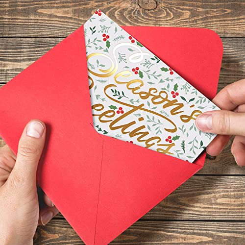 24 Gold Foil Christmas Cards Set with Red Envelopes - Holiday Greeting Cards