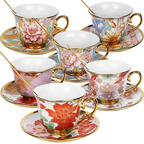 Qetoosur 6-Piece Vintage Floral Ceramic Tea Cup & Saucer Set, 8 OZ for Coffee & Tea
