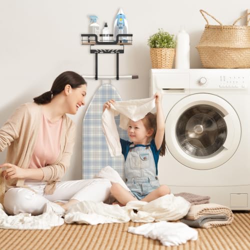 Wall-Mounted Ironing Board Hanger with Wood Shelf for Laundry Room Storage