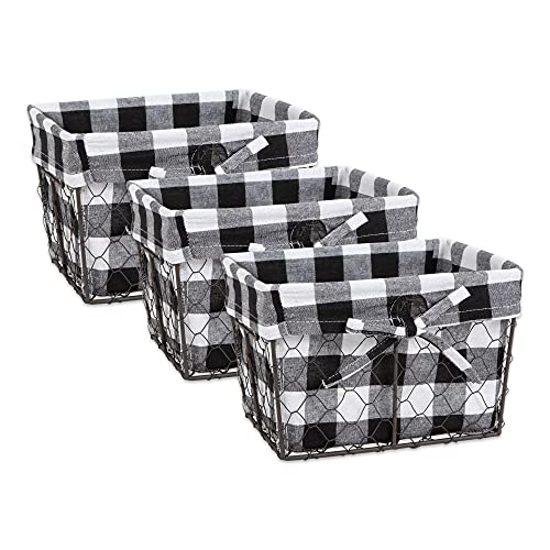 DII Farmhouse Chicken Wire Storage Baskets with Liner, Small, Vintage Black & White Check, 9x7x6", 3 Piece