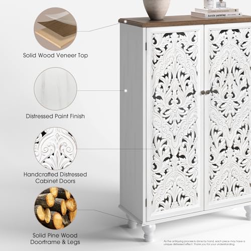 JOINICE 47-Inch Distressed White Tall Accent Cabinet with Carved Doors & Storage
