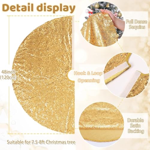 48-Inch Gold Sequin Christmas Tree Skirt - Glitter Holiday Tree Cover