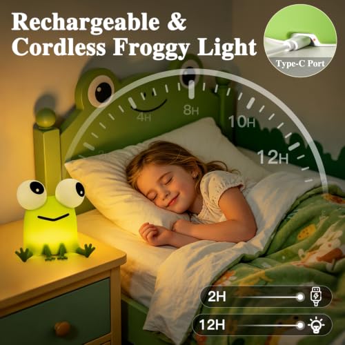 Big-Eyed Frog Night Light, Rechargeable Silicone Lamp with 3 Dimming Modes