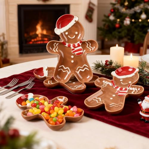 Brown Gingerbread Christmas Candy Plates, 4 Pcs Ceramic 5.91''