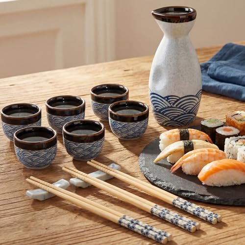 Japanese Porcelain Sake Set with 1 Bottle, 6 Cups & 6 Chopsticks - Blue Wave Pattern