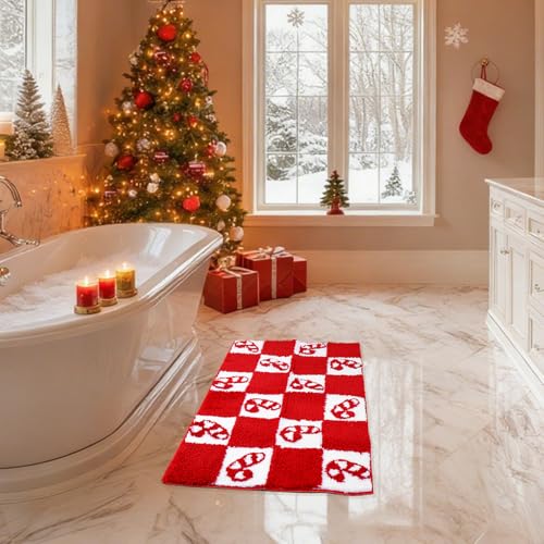 Christmas Rug Bath Mat with Candy Cane Checkered Design, Non-Slip 19.7 x 31.5 Inches