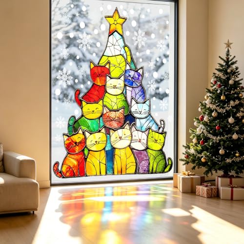 Colorful Christmas Window Clings - Cat Design Decorative Holiday Decals