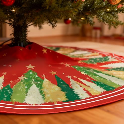 Christmas Tree Skirt 48 Inch Red Rustic Yellow Star and Red Trees - Red Tree Variation